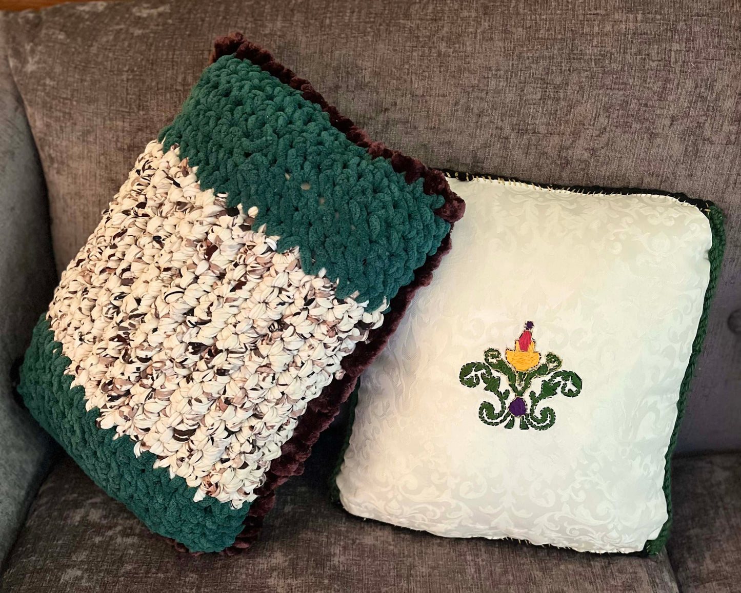 "Choose Your Own Adventure!" Handmade Upcycled Fabric Crochet and Embroidery Decorative Statement Throw Pillow