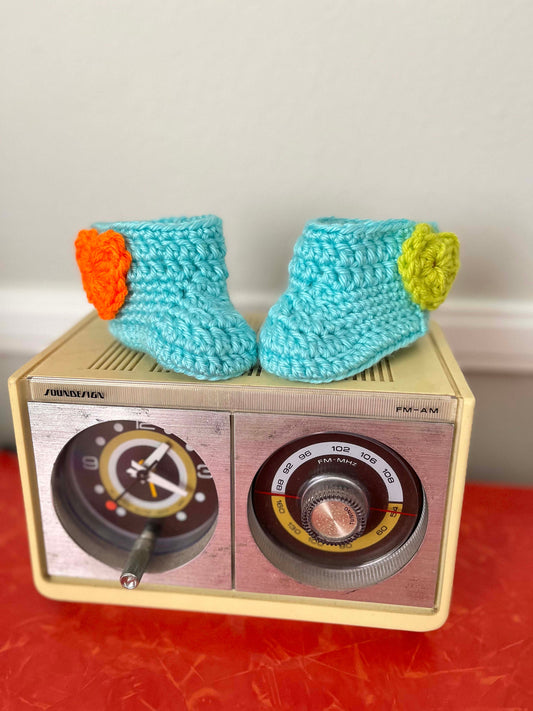"The Chuckles" Handmade Crochet Baby Booties with Heart Detail (size 2)