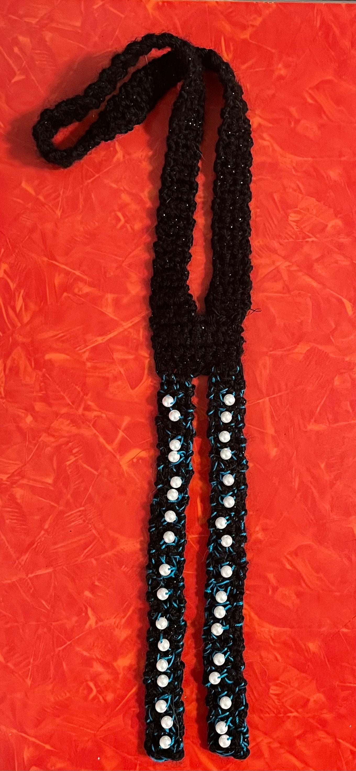 THE BROOCH-LO Handmade Crochet Black Bolo Tie with Faux Pearl Beads