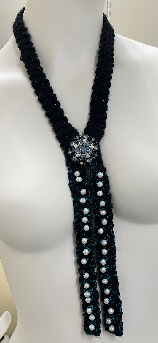 THE BROOCH-LO Handmade Crochet Black Bolo Tie with Faux Pearl Beads