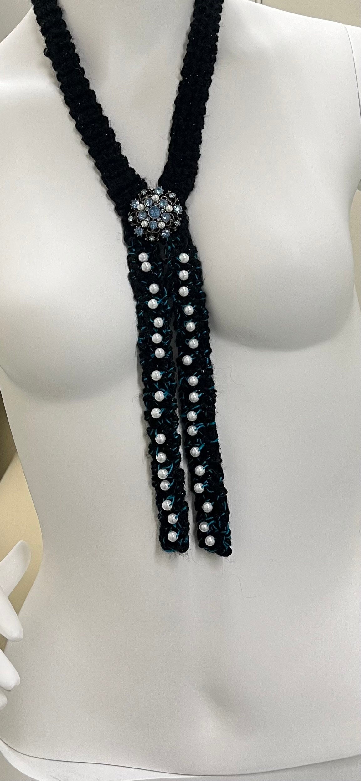 THE BROOCH-LO Handmade Crochet Black Bolo Tie with Faux Pearl Beads